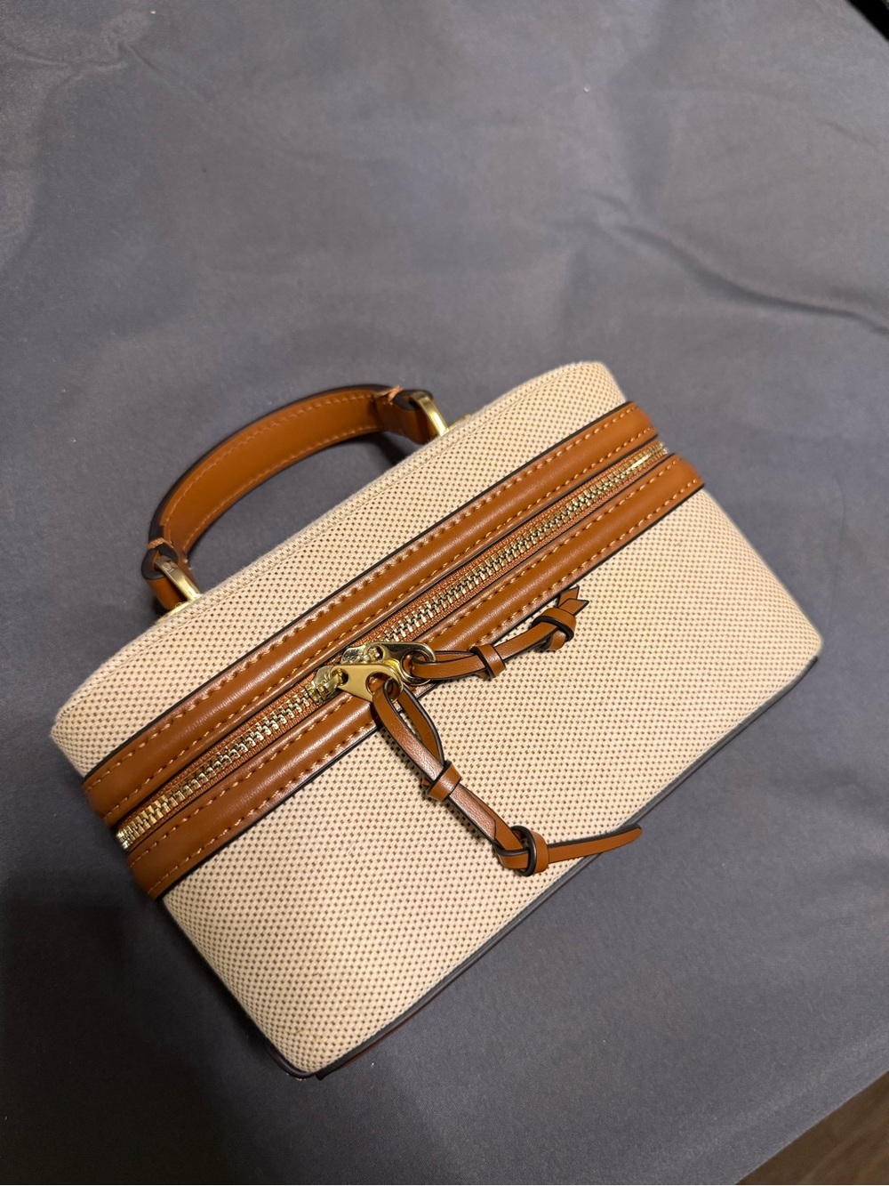 Beige and Tan Structured Top-Handle Women’s Bag